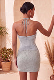Navy Bodycon Halter Neck Corset Ruched Homecoming Dress with Beading