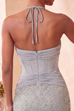 Navy Bodycon Halter Neck Corset Ruched Homecoming Dress with Beading