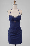 Navy Bodycon Halter Neck Corset Ruched Homecoming Dress with Beading