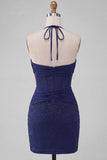 Navy Bodycon Halter Neck Corset Ruched Homecoming Dress with Beading