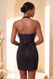 Purple Bodycon Halter Neck Lace Up Back Homecoming Dress with Ruffles