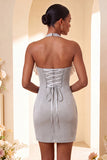 Purple Bodycon Halter Neck Lace Up Back Homecoming Dress with Ruffles