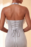 Purple Bodycon Halter Neck Lace Up Back Homecoming Dress with Ruffles