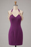 Purple Bodycon Halter Neck Lace Up Back Homecoming Dress with Ruffles
