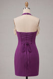 Purple Bodycon Halter Neck Lace Up Back Homecoming Dress with Ruffles
