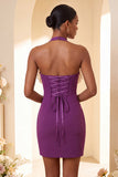Purple Bodycon Halter Neck Lace Up Back Homecoming Dress with Ruffles