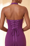Purple Bodycon Halter Neck Lace Up Back Homecoming Dress with Ruffles