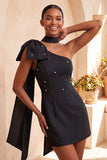 Bodycon One Shoulder Light Blue Pearl Bow Homecoming Dress with Side Cape