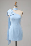 Bodycon One Shoulder Light Blue Pearl Bow Homecoming Dress with Side Cape