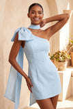Bodycon One Shoulder Light Blue Pearl Bow Homecoming Dress with Side Cape