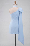 Bodycon One Shoulder Light Blue Pearl Bow Homecoming Dress with Side Cape