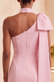 Bodycon One Shoulder Light Blue Pearl Bow Homecoming Dress with Side Cape