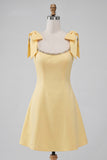 Light Yellow A-Line Bowed Straps Beaded Homecoming Dress with Lace Up Back