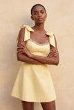 Light Yellow A-Line Bowed Straps Beaded Homecoming Dress with Lace Up Back