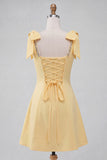 Light Yellow A-Line Bowed Straps Beaded Homecoming Dress with Lace Up Back