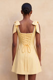 Light Yellow A-Line Bowed Straps Beaded Homecoming Dress with Lace Up Back