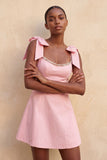 Light Yellow A-Line Bowed Straps Beaded Homecoming Dress with Lace Up Back