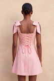 Light Yellow A-Line Bowed Straps Beaded Homecoming Dress with Lace Up Back