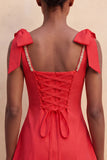 Light Yellow A-Line Bowed Straps Beaded Homecoming Dress with Lace Up Back