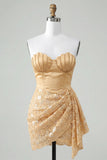Light Yellow Bodycon Sweetheart Ruched Sequins Lace Up Back Homecoming Dress with Sash