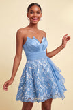 Sky Blue A-Line Sweetheart Sequins Lace Up Back Homecoming Dress with Sash