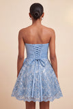 Sky Blue A-Line Sweetheart Sequins Lace Up Back Homecoming Dress with Sash