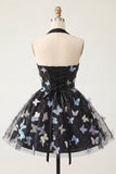 A-Line Black Halter Neck Corset Lace Up Back Short Homecoming Dress with Butterfly