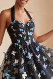 A-Line Black Halter Neck Corset Lace Up Back Short Homecoming Dress with Butterfly