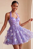 A-Line Black Halter Neck Corset Lace Up Back Short Homecoming Dress with Butterfly