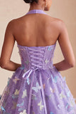 A-Line Black Halter Neck Corset Lace Up Back Short Homecoming Dress with Butterfly