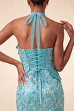 Lilac Halter Neck Bodycon Sequins Short Homecoming Dress with Lace Up Back
