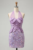 Lilac Halter Neck Bodycon Sequins Short Homecoming Dress with Lace Up Back