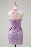 Lilac Halter Neck Bodycon Sequins Short Homecoming Dress with Lace Up Back