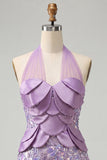 Lilac Halter Neck Bodycon Sequins Short Homecoming Dress with Lace Up Back