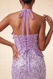 Lilac Halter Neck Bodycon Sequins Short Homecoming Dress with Lace Up Back