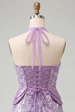 Lilac Halter Neck Bodycon Sequins Short Homecoming Dress with Lace Up Back