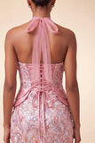 Lilac Halter Neck Bodycon Sequins Short Homecoming Dress with Lace Up Back