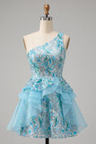 Light Blue A-Line One Shoulder Sequins Ruffled Homecoming Dress with Lace Up Back