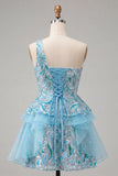 Light Blue A-Line One Shoulder Sequins Ruffled Homecoming Dress with Lace Up Back