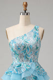 Light Blue A-Line One Shoulder Sequins Ruffled Homecoming Dress with Lace Up Back