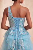 Light Blue A-Line One Shoulder Sequins Ruffled Homecoming Dress with Lace Up Back