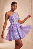 Light Blue A-Line One Shoulder Sequins Ruffled Homecoming Dress with Lace Up Back
