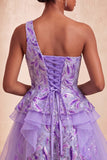 Light Blue A-Line One Shoulder Sequins Ruffled Homecoming Dress with Lace Up Back