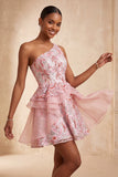 Light Blue A-Line One Shoulder Sequins Ruffled Homecoming Dress with Lace Up Back