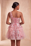 Light Blue A-Line One Shoulder Sequins Ruffled Homecoming Dress with Lace Up Back
