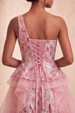 Light Blue A-Line One Shoulder Sequins Ruffled Homecoming Dress with Lace Up Back