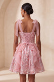 Pink A-Line Corset Bowed Straps Sequins Ruffled Homecoming Dress with Lace Up Back