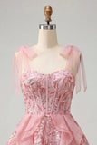 Pink A-Line Corset Bowed Straps Sequins Ruffled Homecoming Dress with Lace Up Back
