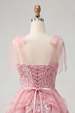Pink A-Line Corset Bowed Straps Sequins Ruffled Homecoming Dress with Lace Up Back