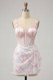 Bodycon Blush Corset Butterfly Pearl Applique Lace Up Back Homecoming Dress with Sash